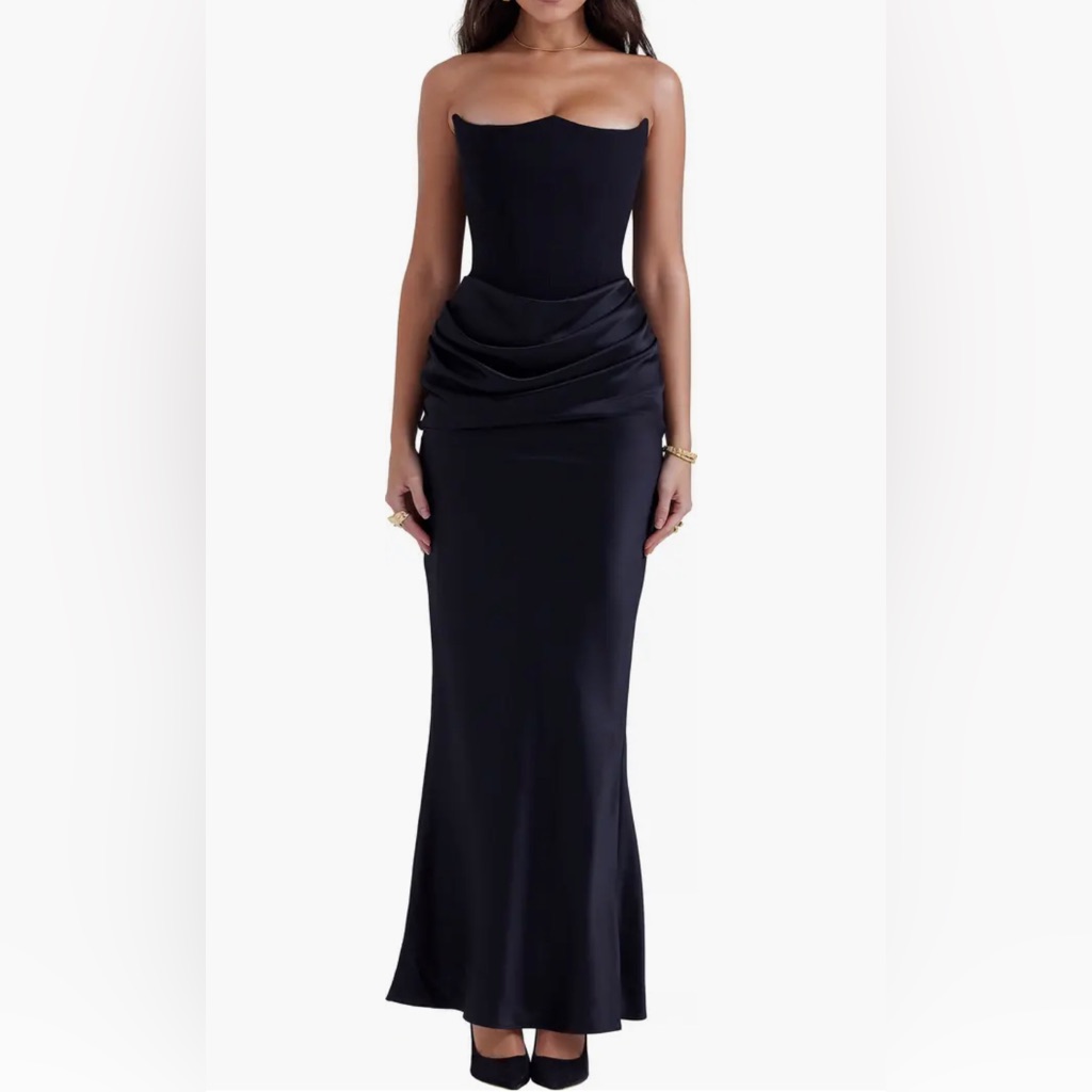 House Of Cb Black Strapless Draped Satin Mermaid Gown